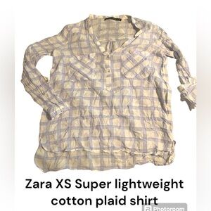 Zara XS Blue Plaid lightweight sheer cotton coquette style shirt dainty details